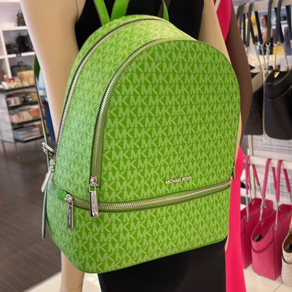 Michael Kors Rhea Medium Signature Logo Backpack Jungle Green  NWT